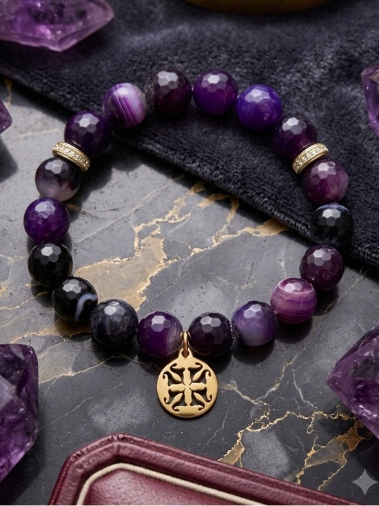 Rustic Cuff Jewelry - Rustic Cuff Purple Agate Beaded Bracelet with Gold Logo Charm 2538